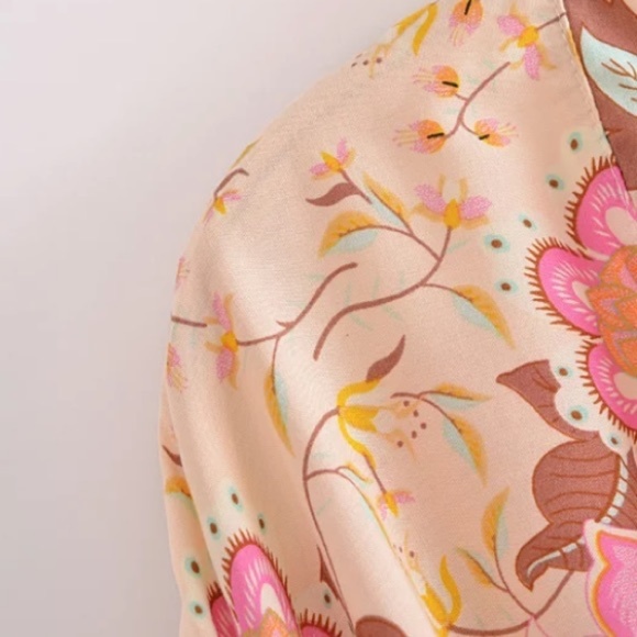 Beige Boho Multi Color Floral Peacock Short Kimono - Picture 8 of 10